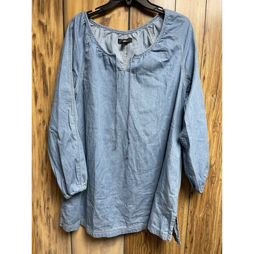 Ellos Womens Top Chambray Tunic Shirt Size 12 S Denim Blue Long Sleeve Boho